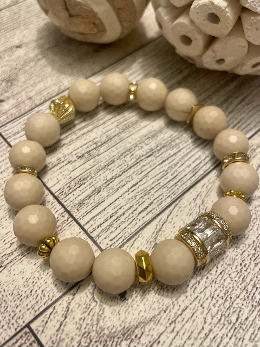 Cream sandstone with large accent gold and cz baguette accent bead 10mm handmade - Picture 2 of 5